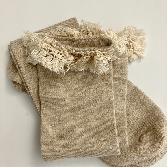 NWOT knee high heather oatmeal socks with off white lace cuff trim - Picture 3 of 4